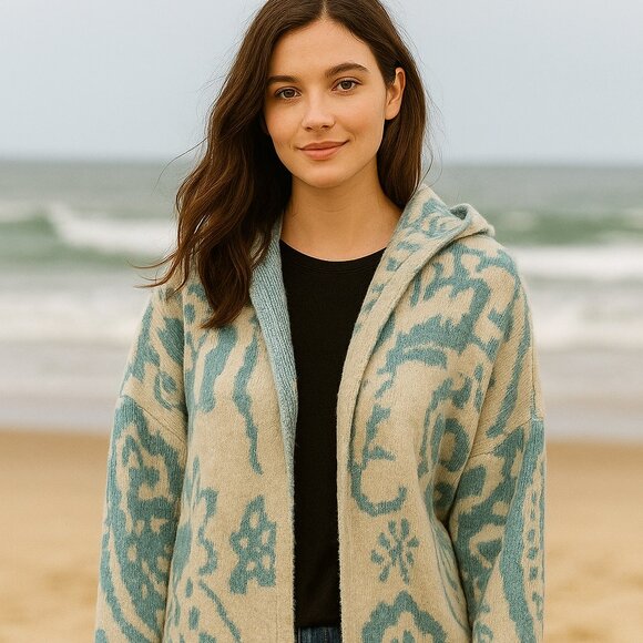 NWT Stitchdrop Cardigan Hoodie Long Open Front Sweater Cream/Blue Pattern SZM - Picture 1 of 10